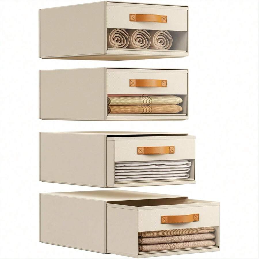 Organizador y almacenamiento de armario, estante de almacenamiento de armario de tela, organizador de ropa apilable, cajón de almacenamiento extraíble con ventana transparente, caja de almacenamiento debajo de la cama - Beis - Ver 1