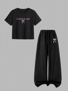 SHEIN 2件組青少年短袖長褲套裝，蝴蝶結緞帶粉色，適合春/夏，運動與通勤 - 黑色 - 查看 6