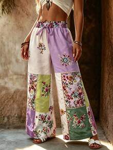 Zayélia Bohemian Boho Wide Leg Pants Color Block Floral Print Elastic Waist Drawstring Long Pants Loose Pants Garden Party Picnic Purple Floral Autumn - Multicolor - View 6