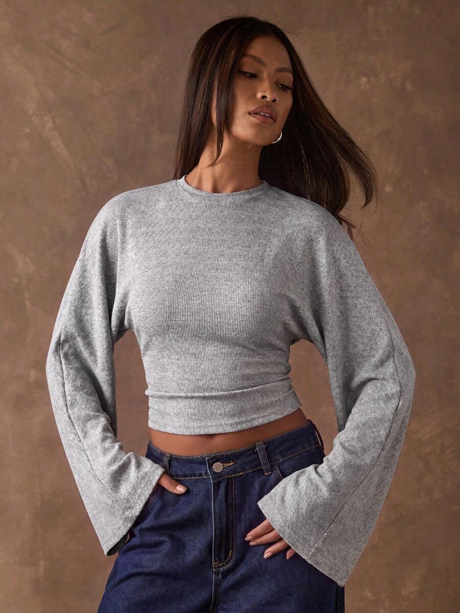 SHEIN BAE 女款純色圓領蝙蝠袖修身上衣 - 灰色 - 查看 1