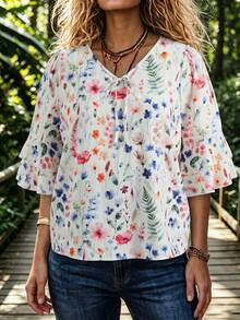 Linhara CURVE Plus Size Women's Floral Bow V-Neck Ruffle Loose Short Sleeve Blouse, Spring/Summer Fashion Versatile White Boho Business Casual Vacation - Multicolor - View 4