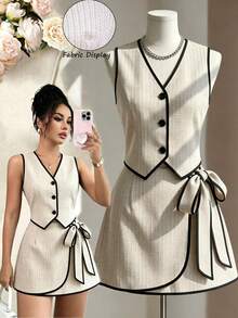 SHEIN LUNE Women's Contrast Trim V-Neck Top And Mini Skirt Casual Everyday Set - Khaki - View 1