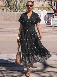 Maija Plus Size V-Neck Short Sleeve Ruffle Hem Pleated Black Summer Elegant Cute Tea Party Vacation Allover Print Dress For Women Boho Vacation Floral - Black - View 2