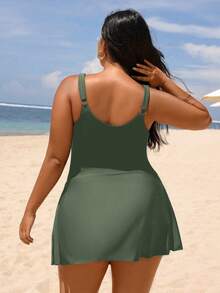 Swim Lushoire Plus Size Fashionable Side Tie Ruched One-Piece Swimsuit Summer - Army Green - View 2