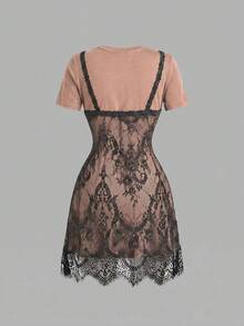 SHEIN MOD 蕾絲 2 合 1 時尚短袖休閒優雅性感短洋裝，黑色花卉，適合夏季夜晚外出、約會之夜、萬聖節、返校季 - 棕色 - 查看 7