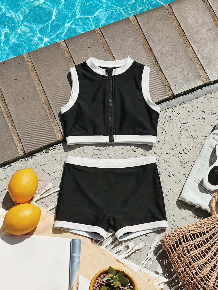 DAZY Sleeveless Colorblock Cute Two-Piece Swimwear Set For Young Girl Summer - Black - View 1