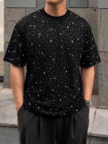 DAZY Black Rhinestone Embellished Loose Short Sleeve Men's T-Shirt Summer - Black - View 8