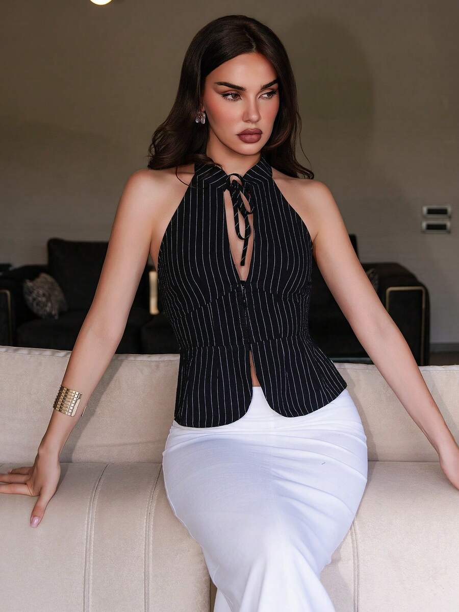 Bris Aura Women's Bow Tie Hollow Out Halter Neck Fitted Crop Top, Slit Front Sleeveless Blouse Cute Black Top Striped Top Summer - Black - View 1