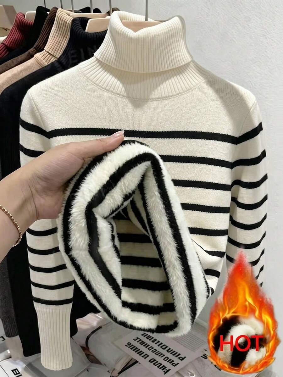 Franclia 新款女款時尚條紋抓絨內裡高領套頭毛衣,適合秋冬穿著 - 彩色 - 查看 1