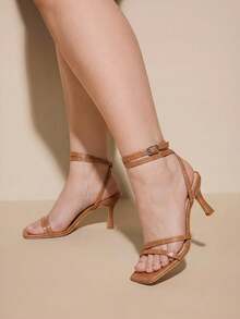 CUCCOO CURVES Women's Buckle Design Fashion Daily Commute High Heel Wide Fit Sandals Valentine's Day Summer Shoes - Light brown stone pattern - View 1