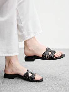 CUCCOO BIZCHIC 女款鏤空綁帶一腳蹬方頭低粗跟休閒復古黑色拖鞋 日常沙灘鞋 - 黑色 - 查看 5