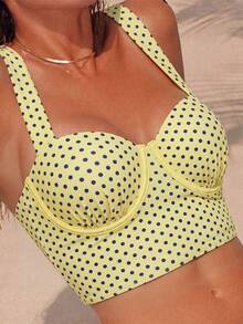 Swim Lushoire 女款夏季海灘派對度假波點黃色印花休閒 70s 80s 80's 風格性感比基尼上衣 - 彩色 - 查看 3