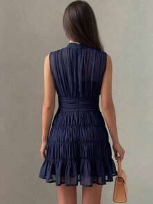 NOVVYNE Black Chiffon Shirred Waist Sleeveless Elegant French Style Vacation Party Dress For Women - Royal Blue - View 2