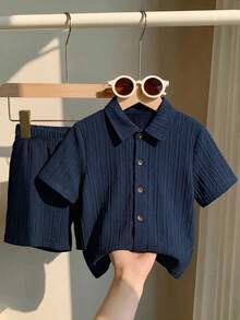 Kids Young Boy Young Boy 2pcs/Set Spring/Summer Casual Versatile Vacation Style Striped Short Sleeve Shirt & Knit Shorts Set, Young Boy Outfit Set - Multicolor - View 1