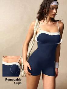 VARSIVA Women's Colorblock Backless Spaghetti Strap Sports Romper - Navy Blue - View 11