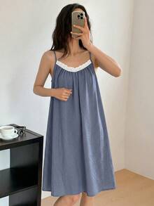 DAZY Lace Patchwork Sleeveless Polka Dot Print Midi Dress, Women Summer Nightgown Pajamas - Blue - View 5