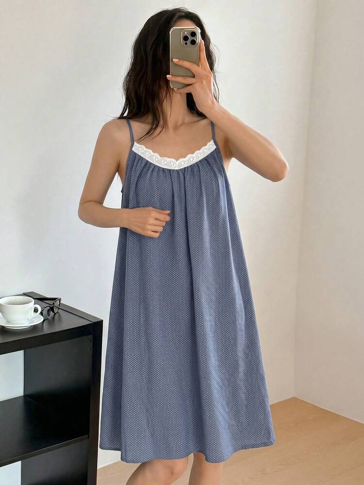 DAZY Lace Patchwork Sleeveless Polka Dot Print Midi Dress, Women Summer Nightgown - Blue - View 5