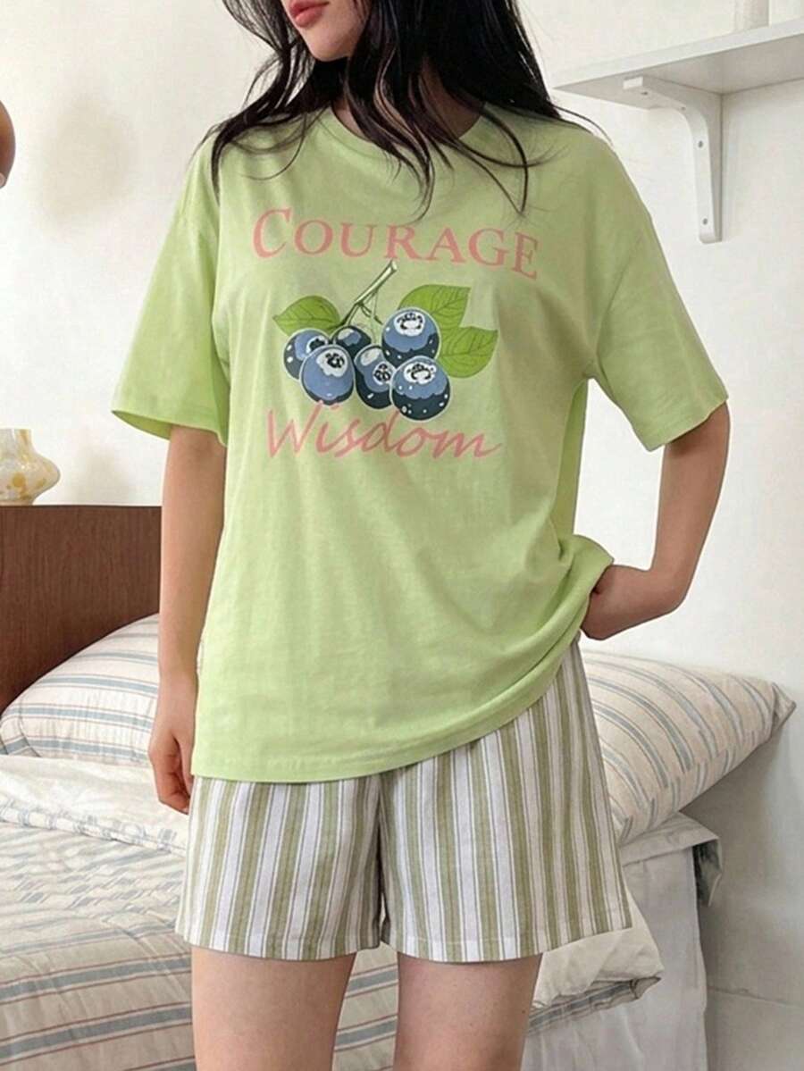Livesso 2件組女款寬鬆短袖藍莓圖案T恤與條紋直筒長款睡褲,夏季睡衣套裝 - 綠色 - 查看 1