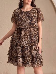 Chikora Plus Size Women's Leopard Print Round Neck Short Sleeve Ruffle Hem Loose Fit Dress - Multicolor - View 1