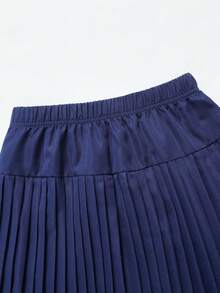 SHEIN 3-Piece Tween Girls Loose Casual Chic Design Print Striped Collared Ruffle Short Sleeve Shirt & Colorblock Shawl Vest Top & Colorblock Pleated Ruffled Umbrella Skirt Set, Suitable For Daily Commute, Casual, Vacation, School, Street Style, Shopping And More - Royal Blue - View 7
