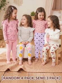 Dikirim 4 Paket Acak, 3 Paket Tersedia. Seri Warna Serbaguna, Seri Bunga & Garis-garis Manis, Legging Elastis Kasual Nyaman dan Lucu untuk Bayi Perempuan. - MultiWarna - View 2