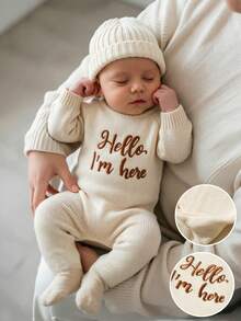 SHEIN 2件組 Hello I'm Here 趣味圖案刺繡新生兒攝影服裝 針織海軍藍連身褲連身衣與帽子 嬰兒拍照道具 秋季款 - 米色 - 查看 1