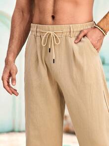 Mercer Haus Herren Leinen Lässig Hose mit Kordelzug Elastischer Taille, Bequeme lockere Passform Sommer Strand Urlaub Hose - Khaki - Übersicht 6