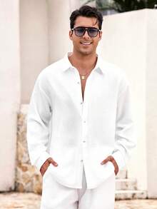 Mercer Haus Men's Casual Solid Color Lapel Long Sleeve Full-Zip Shirt Paired With Solid Color Drawstring Long Pants 2-Piece Set, Essential Executive Outfit - White - View 7