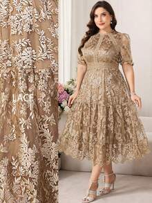 Reflora Plus Size Women's White Lace Midi Summer Dress Elegant Short Sleeve Dress - Champagne - View 1