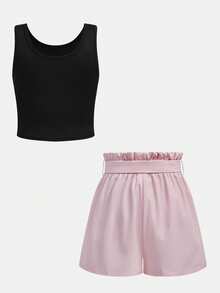 SHEIN Girlism 青少年女孩簡約休閒背心與短褲兩件套 - 彩色 - 查看 2
