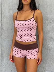 SHEIN EZwear 夏季粉色與棕色波點印花對比飾邊吊帶背心與短褲套裝 - 彩色 - 查看 6