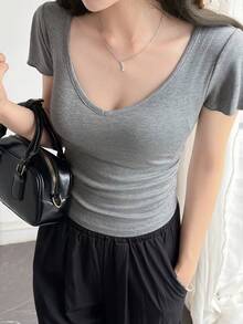 DAZY Women's Solid Color V-Neck Short Sleeve Slim Fit Casual T-Shirt Summer - Grey - View 2