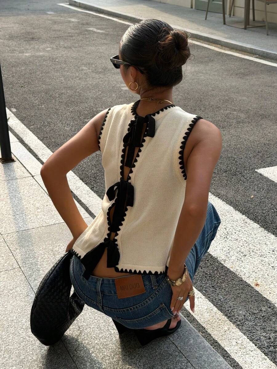 Siren Gaze 女款拼色滾邊繫帶無袖針織上衣