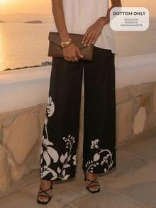 CAJUNI Vacation Casual Floral Print Long Pants - Black and White - View 1