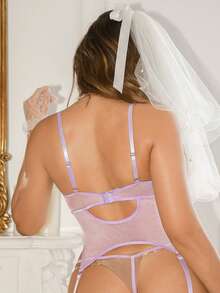 Crystal Vow 3pcs Purple French Elegant Floral Embroidery Sheer Mesh Sexy Lingerie Set,Summer Evening Night Backless Tie-Up Camisole For Women Newlywed Honeymoon - Purple - View 2