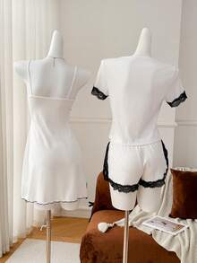 Moireta Women's Contrast Lace Front Tie Short Sleeve Top, Shorts & Cami Nightgown Set - White - View 2