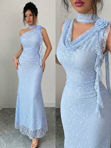 Modelyn Green Sleeveless Cowl Neck Ribbon 3D Floral Mesh Print Fitted Dress For Women - Blue - View 1