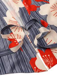 Irokai Japanese Traditional Kimono Navy Blue Cartoon Cherry Blossom Pattern Women's Modified Two Pieces Yukata Set - Multicolor - View 8