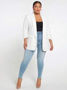 SHEIN Tall CURVE 大尺碼女款素色披肩領長袖西裝外套 - 白色 - 查看 4