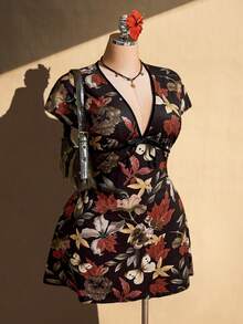 SHEIN ICON 女款大尺碼楓葉圖案復古洋裝 - 黑色 - View 4