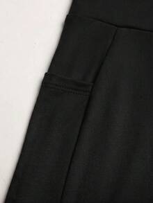 SHEIN 青少年女孩休閒日常百搭舒適運動套裝，甜美短袖上衣搭配側口袋短褲運動套裝 - 黑色 - 查看 8