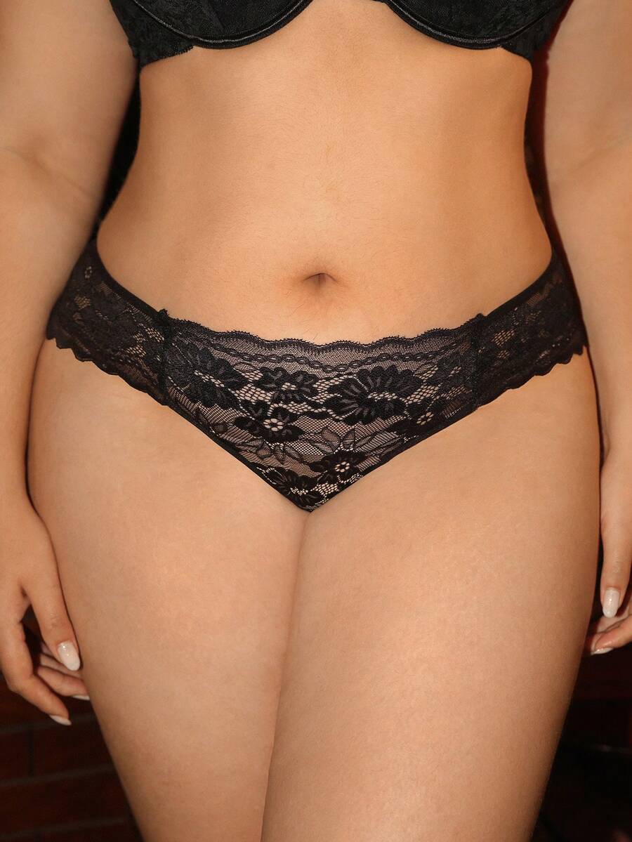 SHEIN Elacene Plus Size Women's Sexy Lace Panties, 1pc - Black - View 1