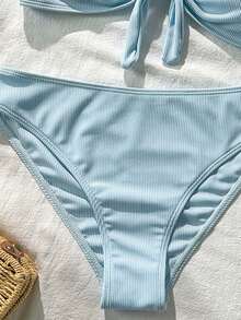 Swim Mod Women's 2 Pieces Bikini Swimsuit Set With Small Ribbed Trim, Double Shoulder Straps, Bow Decor On Chest, High Waist, Casual Beach Vacation Swimwear - Baby Blue - View 4