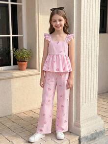 SHEIN Casuvi Kids 女童休閒度假條紋蝴蝶結印花套裝，修身細肩帶背心上衣，春夏季細肩帶上衣，柔軟修身，時尚設計適用於度假、旅行、校園及日常穿著 - 粉色 - 查看 1
