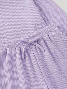 SHEIN LMoss Kids 两件套女童针织纯色圆领宽松T恤和修身短裤套装 - 紫色 - 查看 4