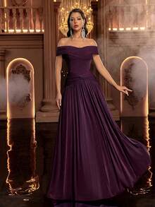 Glamrae Elegant Off-Shoulder Knitted Fabric Ruched Design Waist Fan-Shaped Pleated Tummy-Control Bodycon A-Line Dress, Suitable For Ball, Business Events, Private Tea Parties, Birthday, Large Holiday Events, Wedding Guests, Women's Heavy Embellished Evening Gown, Long Dress, Formal Dress - Maroon - View 6