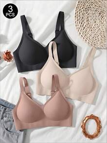 SHEIN 3件組女款極簡舒適無縫果凍膠無鋼圈內衣，附不可拆卸式胸墊 - 彩色 - 查看 3