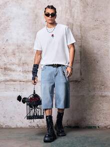 Skyrend 男士直筒刺繡牛仔短褲哥德龐克街頭風適合Emo男孩Grunge風格 - 淺色水洗藍 - 查看 3