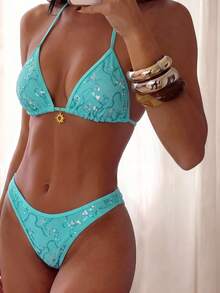 Costavie Swim Basics 2-Piece Spring/Summer Beach Vacation Textured Fabric Gold Sun Accessory Halter Triangle Bikini Top And High-Cut Bikini Bottom Women's Sexy Bikini Swimsuit Set - Mint Blue - View 1