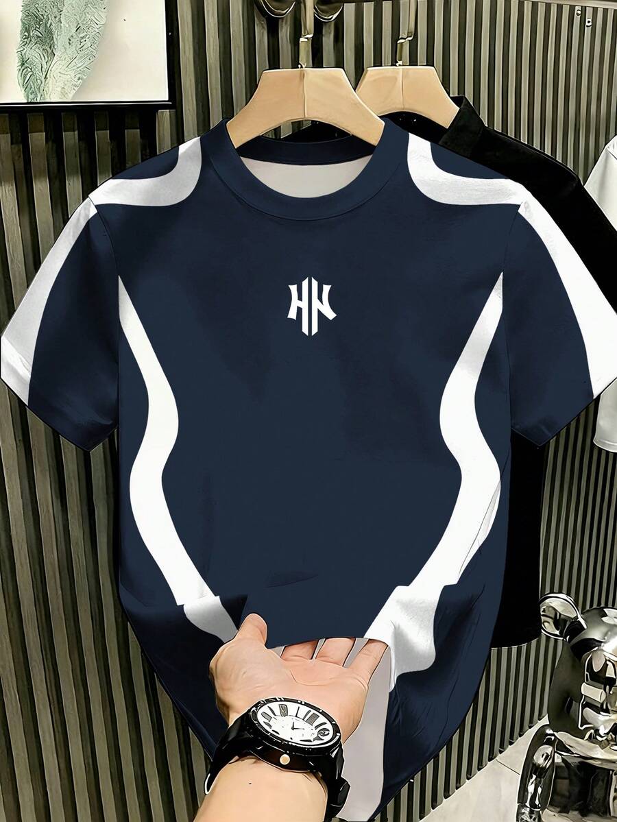 Manfinity Hypemode 新款時尚男士藍白配色不對稱拼色T恤,適合日常穿著與聚會 - 彩色 - 查看 1